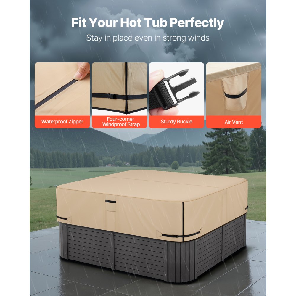 VEVOR Outdoor Hot Tub Cover, 90 x 90 x 20 Inch Weatherproof and Waterproof Hot Tub Cover Protector, 600D Heavy Duty Oxford Fabric and 950N Tearing Strength, Square Spa Covers for Hottub, Brown