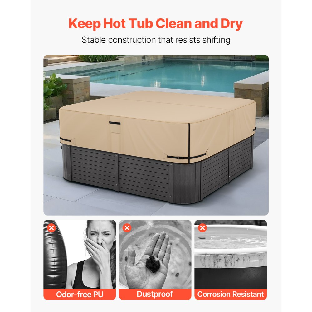 VEVOR Outdoor Hot Tub Cover, 90 x 90 x 20 Inch Weatherproof and Waterproof Hot Tub Cover Protector, 600D Heavy Duty Oxford Fabric and 950N Tearing Strength, Square Spa Covers for Hottub, Brown