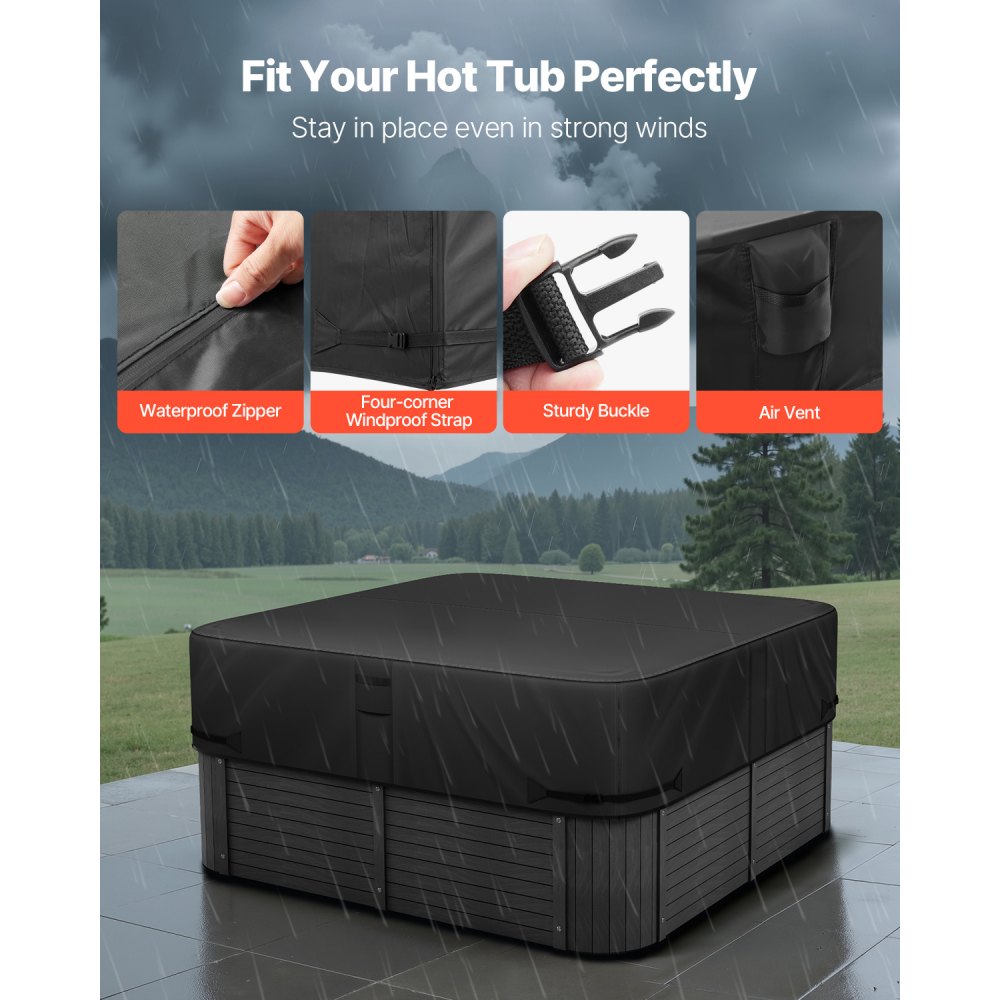 VEVOR Outdoor Hot Tub Cover, 85 x 85 x 20 Inch Weatherproof and Waterproof Hot Tub Cover Protector, 600D Heavy Duty Oxford Fabric and 950N Tearing Strength, Square Spa Covers for Hottub, Black