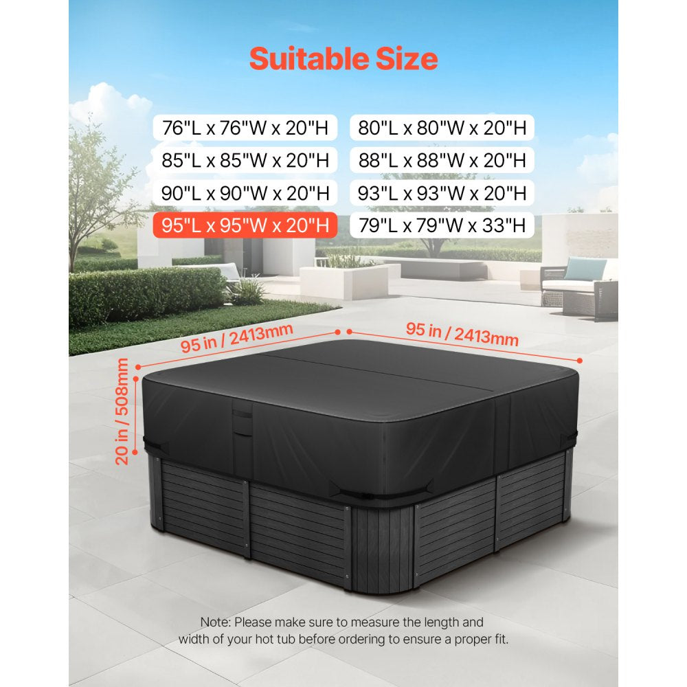 VEVOR Outdoor Hot Tub Cover, 95 x 95 x 20 Inch Weatherproof and Waterproof Hot Tub Cover Protector, 600D Heavy Duty Oxford Fabric and 950N Tearing Strength, Square Spa Covers for Hottub, Black
