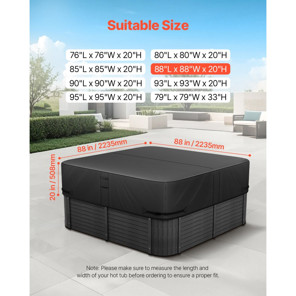 VEVOR Outdoor Hot Tub Cover, 88 x 88 x 20 Inch Weatherproof and Waterproof Hot Tub Cover Protector, 600D Heavy Duty Oxford Fabric and 950N Tearing Strength, Square Spa Covers for Hottub, Black