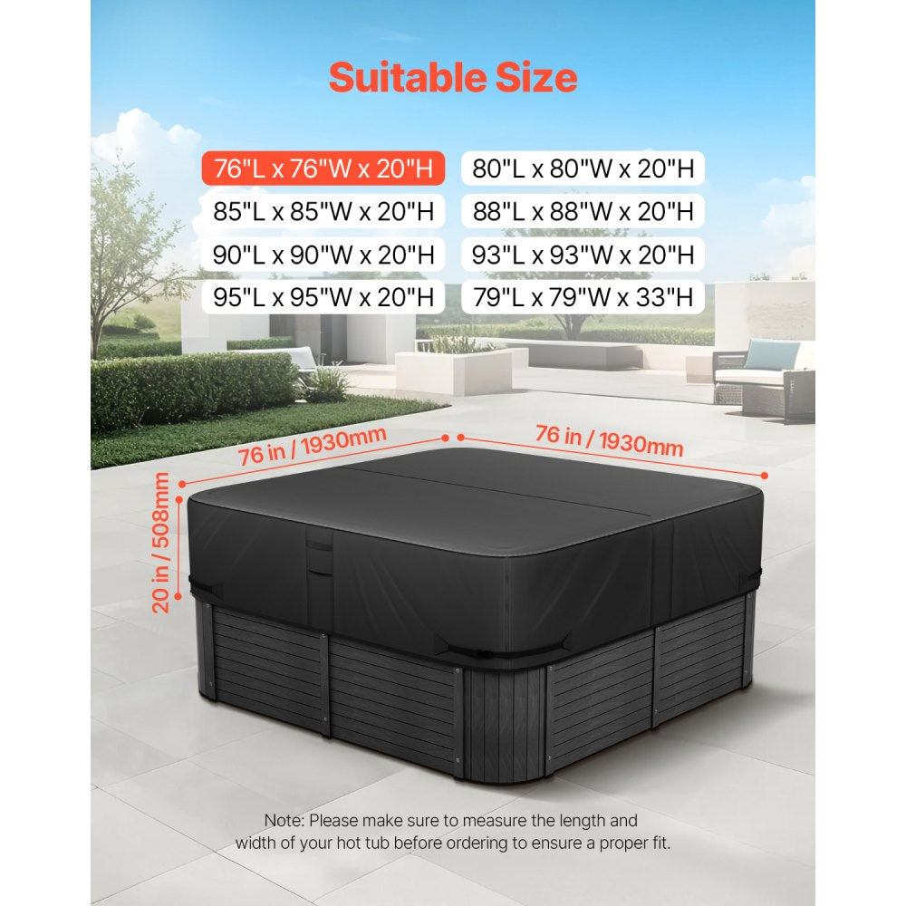 VEVOR Outdoor Hot Tub Cover, 76 x 76 x 20 Inch Weatherproof and Waterproof Hot Tub Cover Protector, 600D Heavy Duty Oxford Fabric and 950N Tearing Strength, Square Spa Covers for Hottub, Black