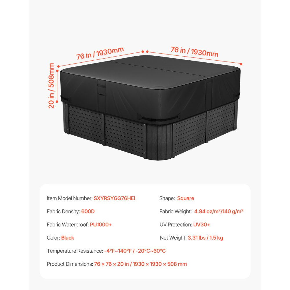 VEVOR Outdoor Hot Tub Cover, 76 x 76 x 20 Inch Weatherproof and Waterproof Hot Tub Cover Protector, 600D Heavy Duty Oxford Fabric and 950N Tearing Strength, Square Spa Covers for Hottub, Black