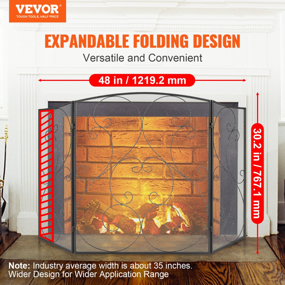 VEVOR Fireplace Screen 3 Panel, Sturdy Iron Mesh Fireplace Screen, 48"(L) x30.2"(H) Spark Guard Cover, No Assembly Required, Free Standing Fireplace Fence Grate for Living Room Home Decor Vintage Blac
