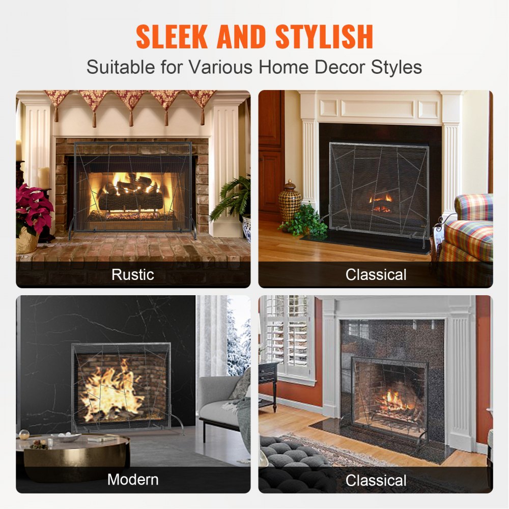 VEVOR Fireplace Screen Single Panel, Sturdy Iron Mesh Fireplace Screen, 35.6"(L) x28.4"(H) Spark Guard Cover, Simple Installation, Free Standing Fire Fence Grate for Living Room Home Decor Modern