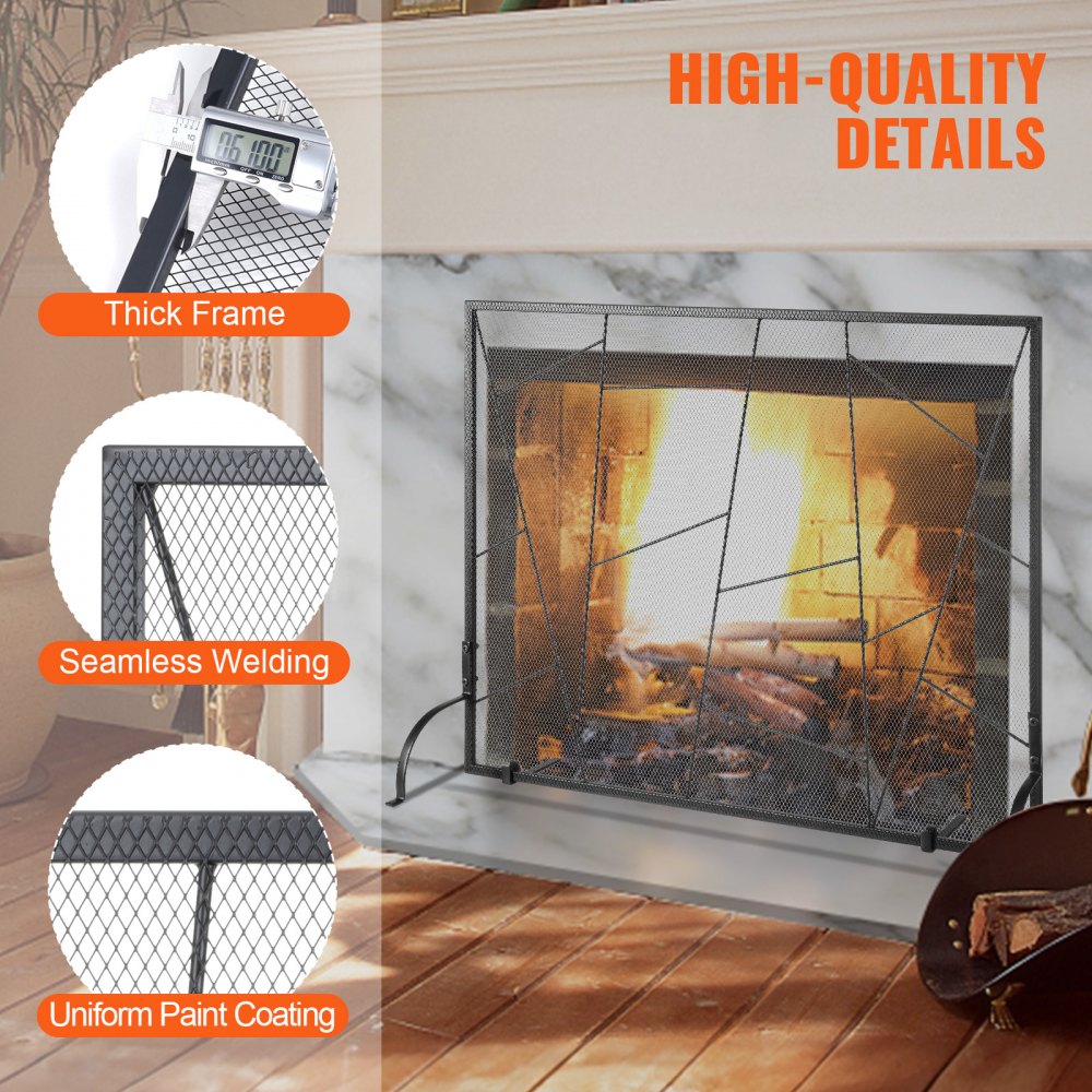 VEVOR Fireplace Screen Single Panel, Sturdy Iron Mesh Fireplace Screen, 35.6"(L) x28.4"(H) Spark Guard Cover, Simple Installation, Free Standing Fire Fence Grate for Living Room Home Decor Modern