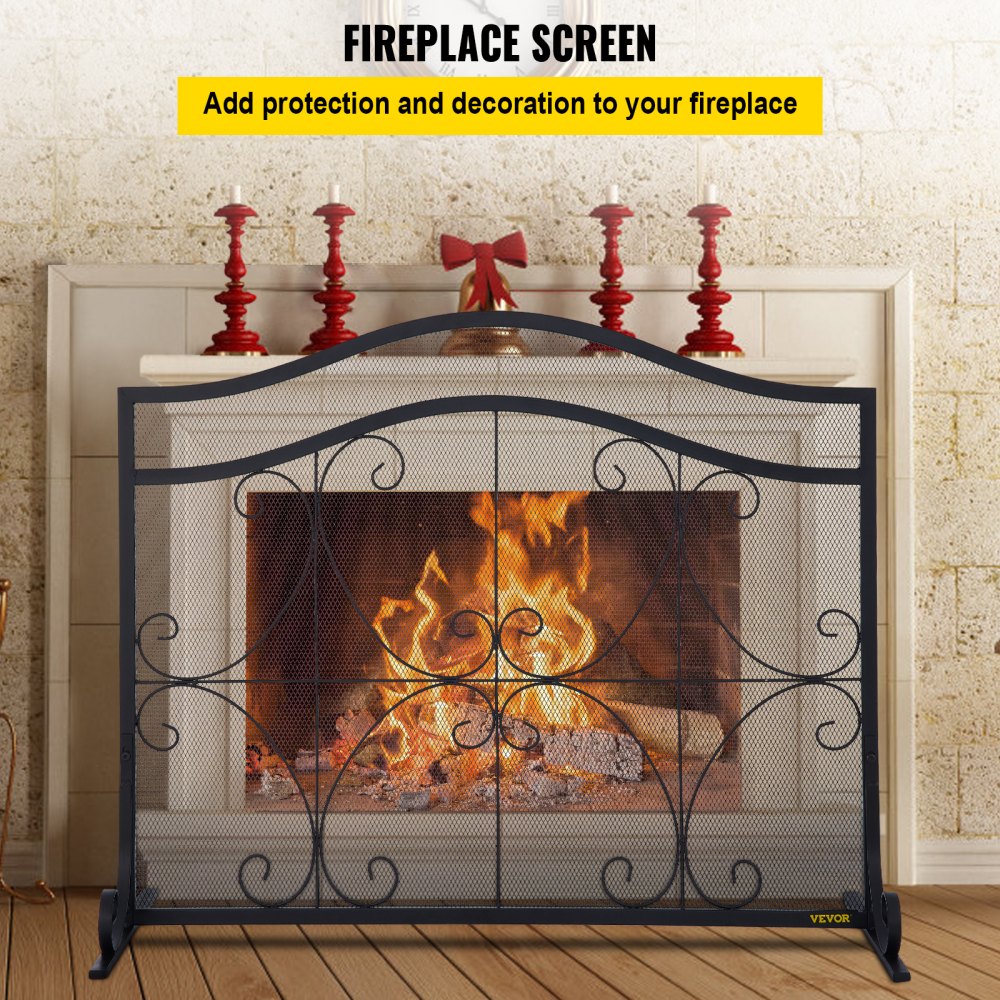 VEVOR Fireplace Screen, 38 x 26.5 Inch,Heavy Duty Iron Freestanding Spark Guard with Support, Metal Mesh Craft, Broom Tong Shovel Poker Included for Fireplace Decoration & Protection, Black