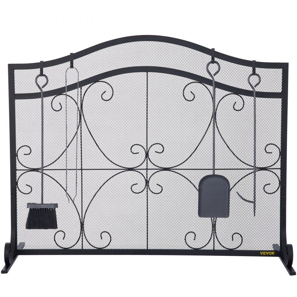 VEVOR Fireplace Screen, 38 x 26.5 Inch,Heavy Duty Iron Freestanding Spark Guard with Support, Metal Mesh Craft, Broom Tong Shovel Poker Included for Fireplace Decoration & Protection, Black