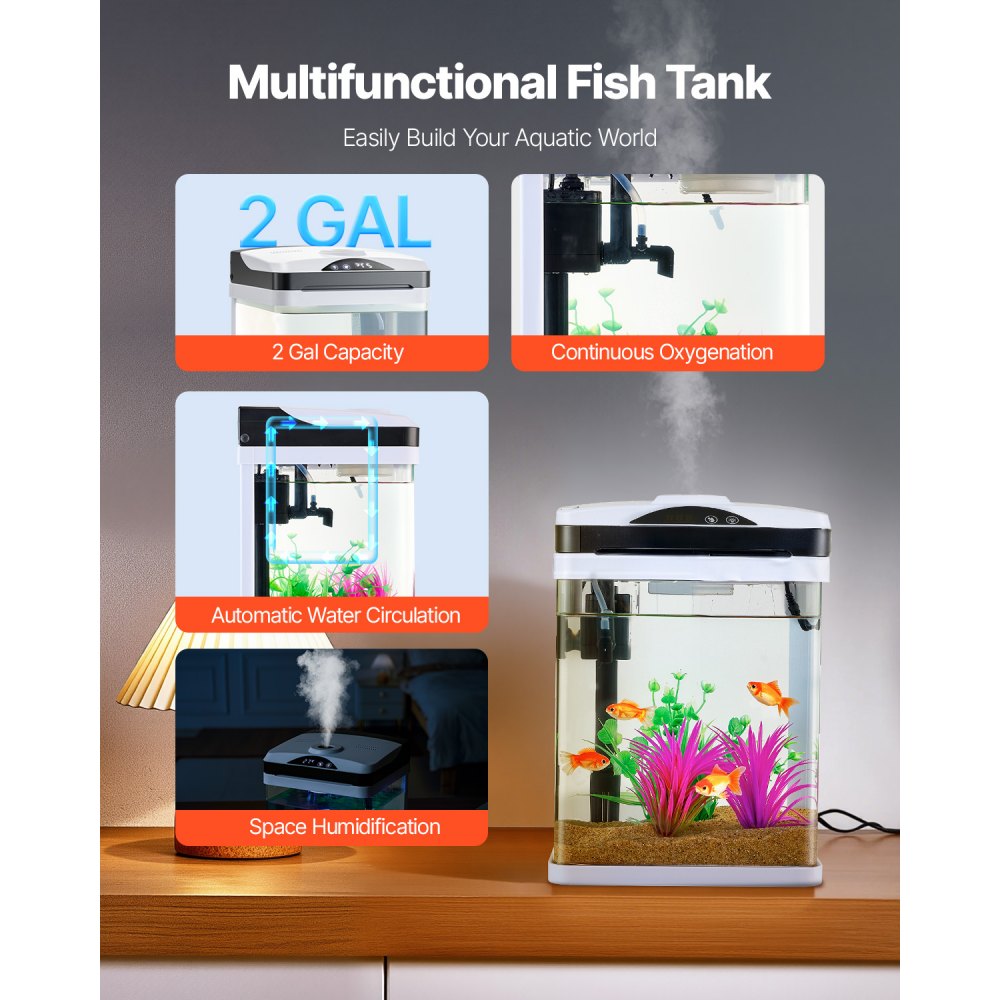 VEVOR Fish Tank Aquarium, 2 Gallon LED Square Ultra-Clear Glass Tank Temperature Monitoring Adjustable 7 Color Lighting, Self Cleaning System Fishbowl for Freshwater & Saltwater Fish Home,Office,Pet
