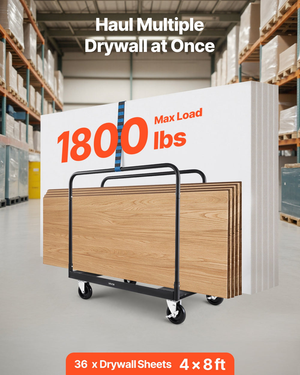 VEVOR Drywall Cart Dolly, 1800 lbs Load Capacity, Steel Panel Truck Cart with 5 inch Swivel Casters, Lumber Drywall Dolly with with Tie-Down Strap & 3 Side Handrails for Factory, Warehouse, Garage, Black