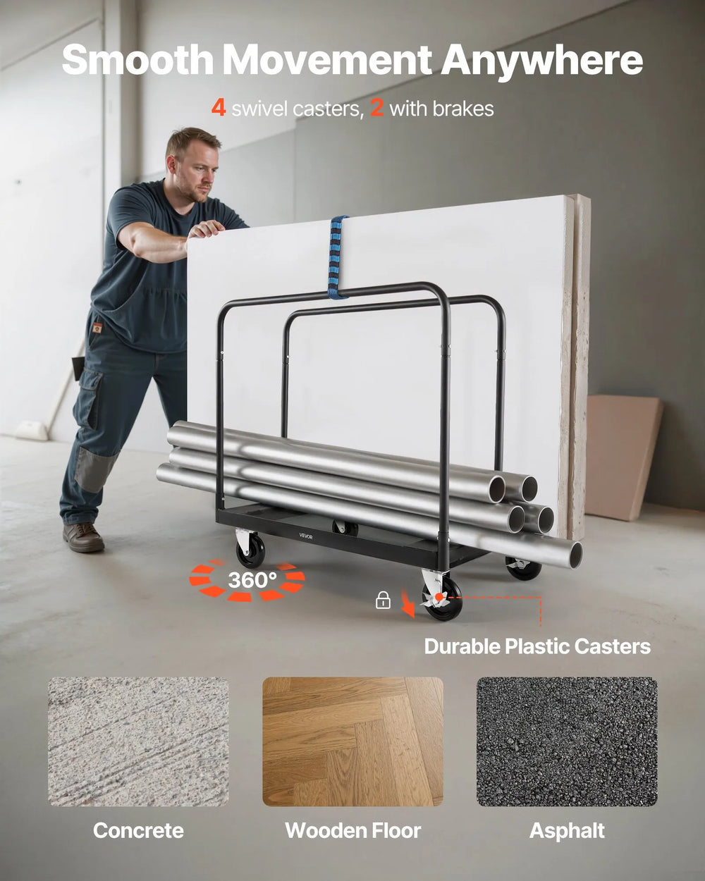 VEVOR Drywall Cart Dolly, 1800 lbs Load Capacity, Steel Panel Truck Cart with 5 inch Swivel Casters, Lumber Drywall Dolly with with Tie-Down Strap & 3 Side Handrails for Factory, Warehouse, Garage, Black