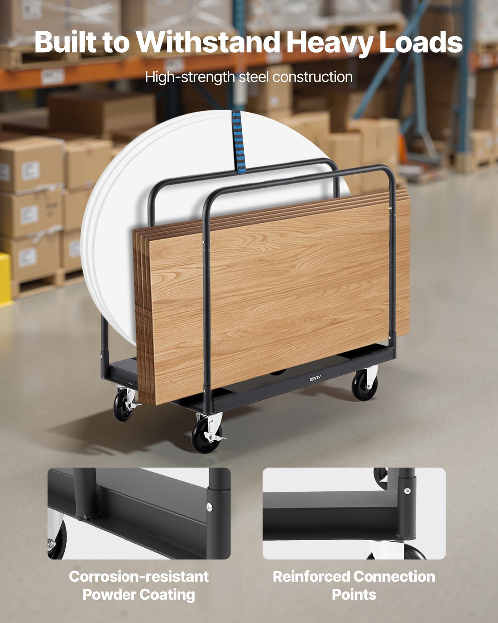 VEVOR Drywall Cart Dolly, 1800 lbs Load Capacity, Steel Panel Truck Cart with 5 inch Swivel Casters, Lumber Drywall Dolly with with Tie-Down Strap & 3 Side Handrails for Factory, Warehouse, Garage, Black