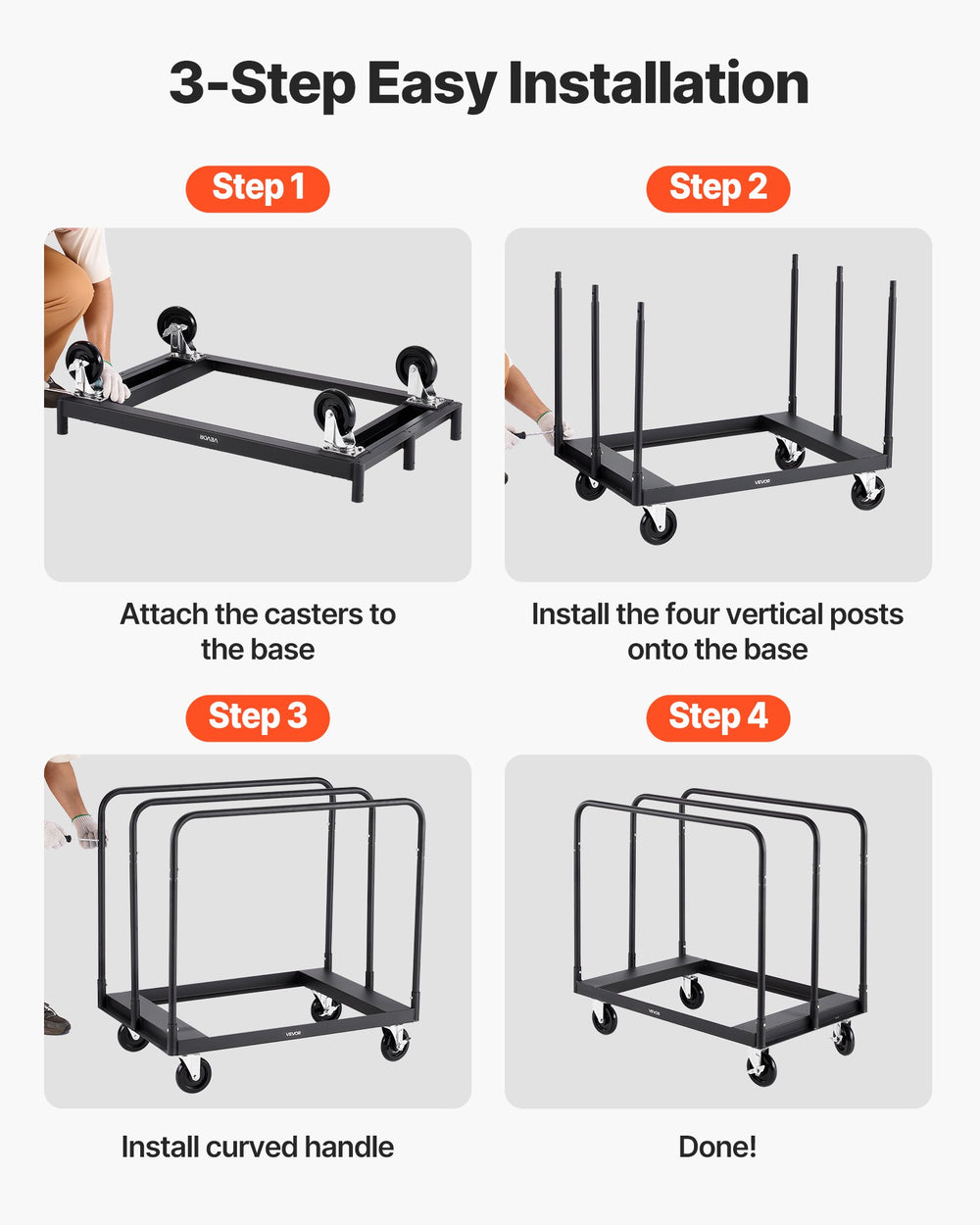VEVOR Drywall Cart Dolly, 1800 lbs Load Capacity, Steel Panel Truck Cart with 5 inch Swivel Casters, Lumber Drywall Dolly with with Tie-Down Strap & 3 Side Handrails for Factory, Warehouse, Garage, Black