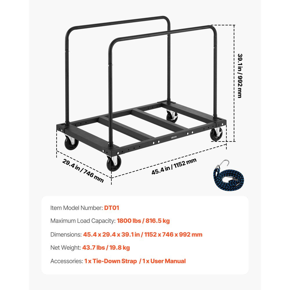 VEVOR Drywall Cart Dolly, 1800 lbs Load Capacity, Steel Panel Truck Cart with 5 inch Swivel Casters, Lumber Drywall Dolly with Tie-Down Strap & 2 Side Handrails for Factory, Warehouse, Garage, Black