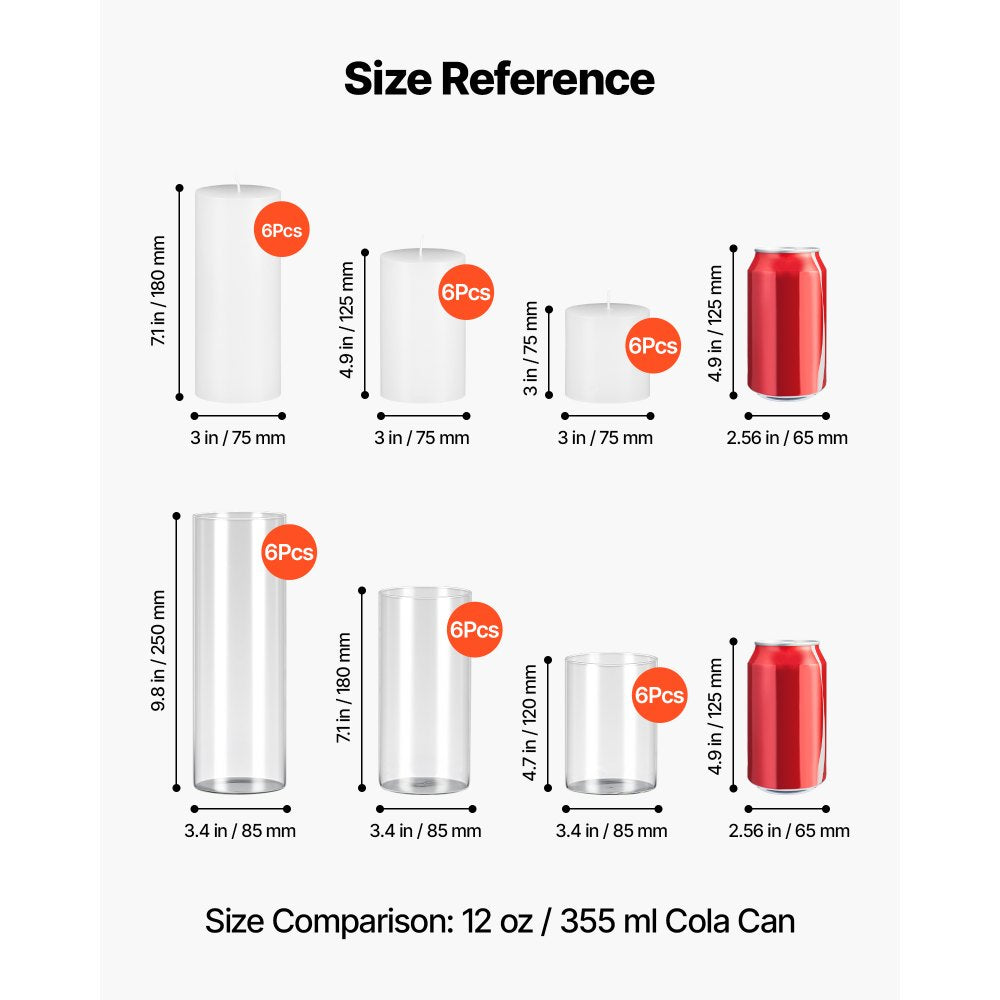 VEVOR Pillar Candles and Glass Vases Set 36 Pcs, Clear Cylinder Hurricane Candle Holders for Wedding Centerpieces, Tall Vase for Table Decor, Wedding Party, Thanksgiving, White (3.4" x 4.7",7.1",9.8")