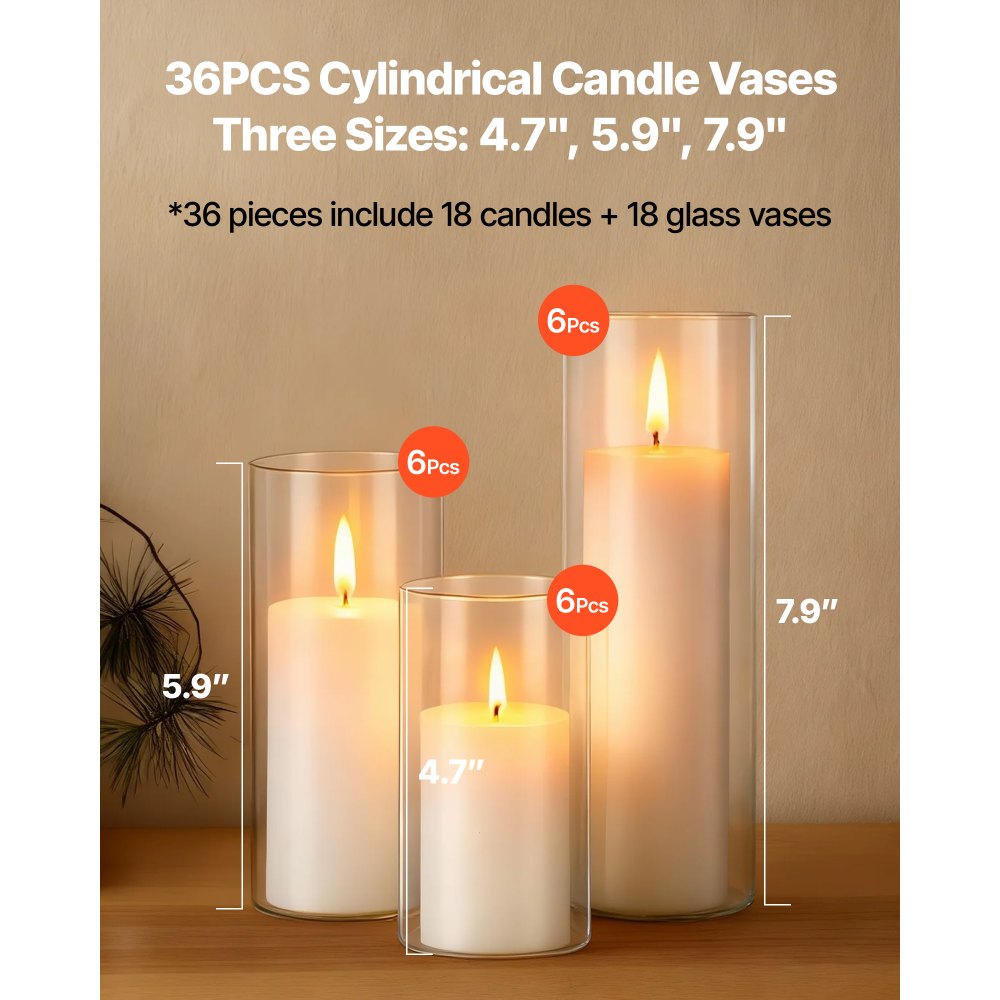 VEVOR Pillar Candles and Glass Vases Set 36 Pcs, Clear Cylinder Hurricane Candle Holders for Wedding Centerpieces, Tall Vase for Table Decor, Wedding Party, Thanksgiving,White (2.56" x 4.7",5.9",7.9")