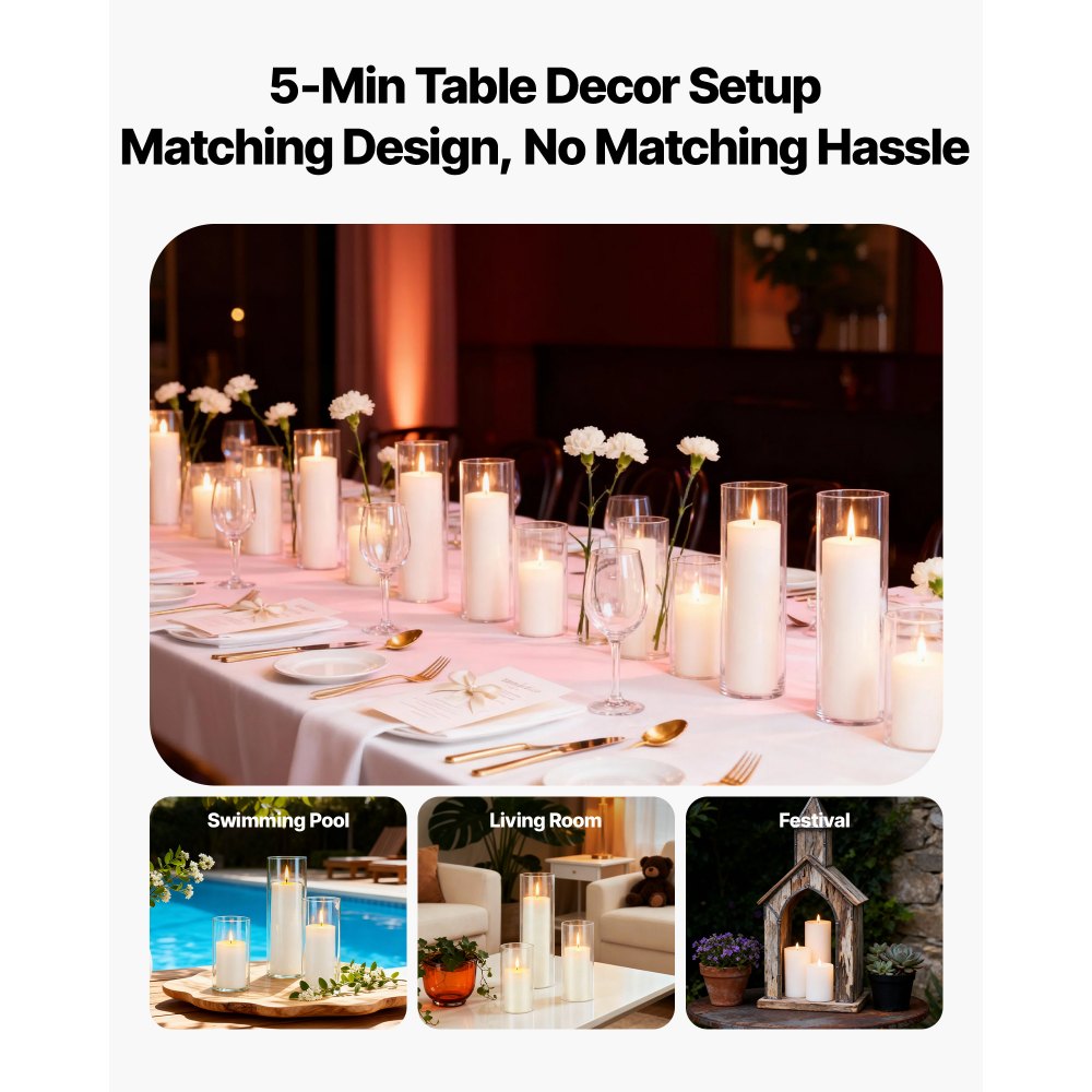 VEVOR Pillar Candles and Glass Vases Set 36 Pcs, Clear Cylinder Hurricane Candle Holders for Wedding Centerpieces, Tall Vase for Table Decor, Wedding Party, Thanksgiving,White (2.56" x 4.7",5.9",7.9")