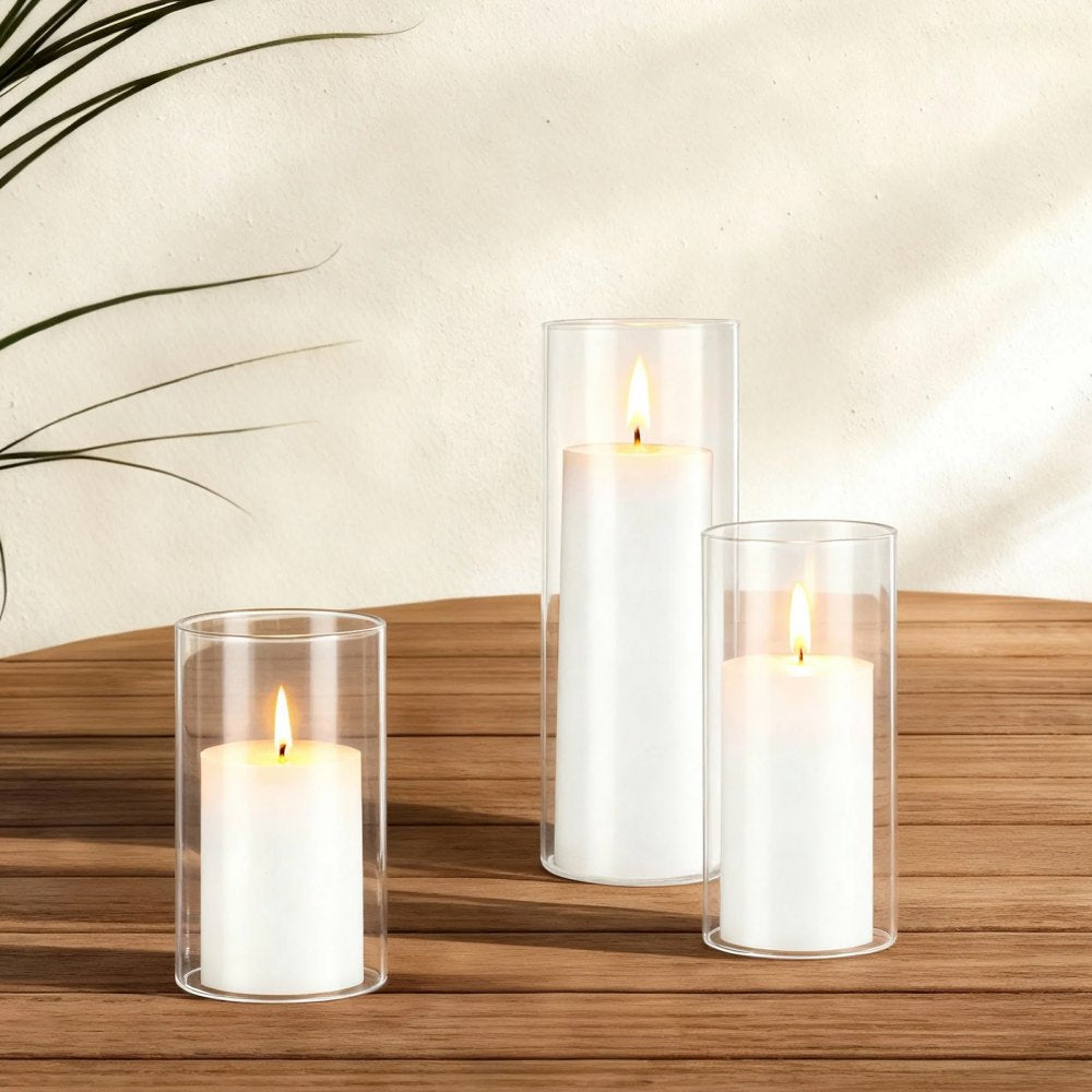 VEVOR Pillar Candles and Glass Vases Set 36 Pcs, Clear Cylinder Hurricane Candle Holders for Wedding Centerpieces, Tall Vase for Table Decor, Wedding Party, Thanksgiving,White (2.56" x 4.7",5.9",7.9")