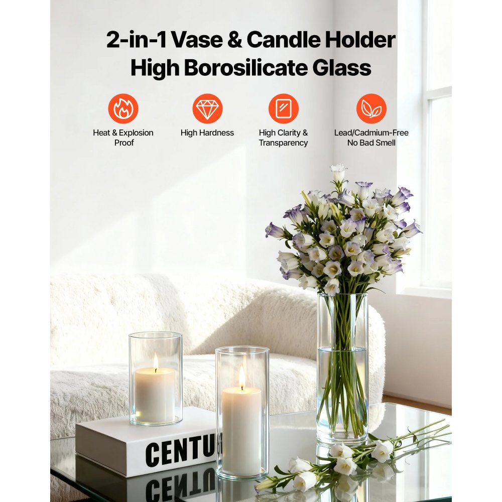 VEVOR Pillar Candles and Glass Vases Set 72 Pcs, Clear Cylinder Hurricane Candle Holders for Wedding Centerpieces, Tall Vase for Table Decor, Wedding Party, Thanksgiving,White (2.56" x 4.7",5.9",7.9")