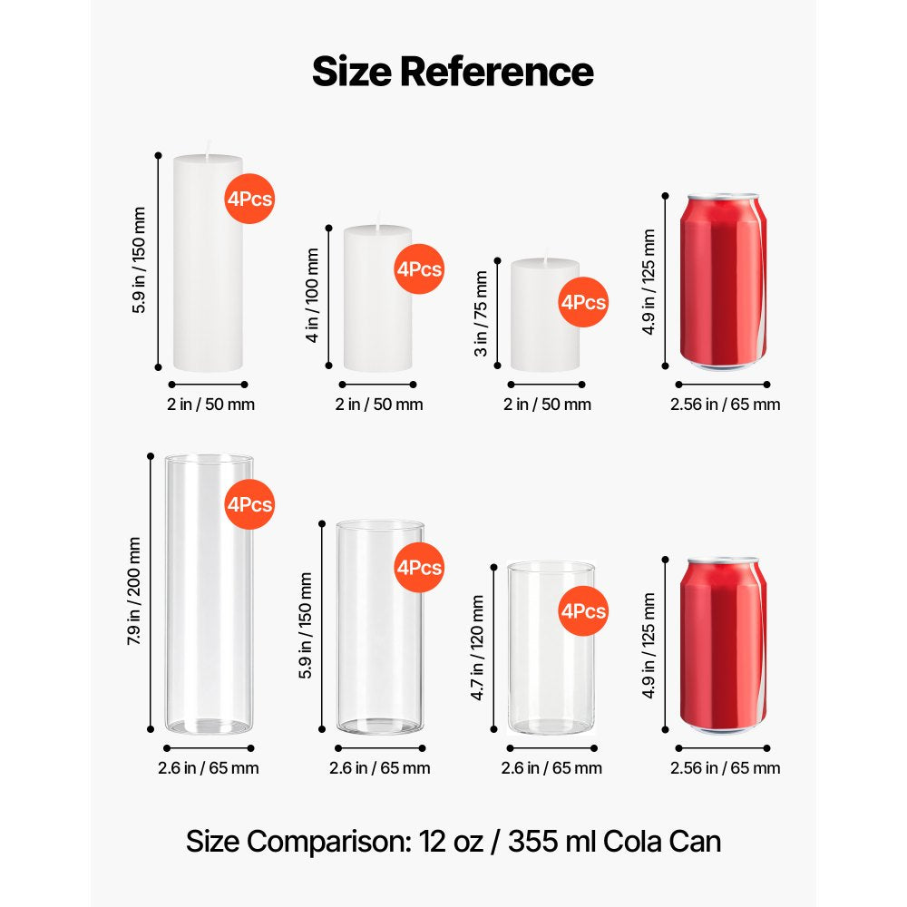 VEVOR Pillar Candles and Glass Vases Set 24 Pcs, Clear Cylinder Hurricane Candle Holders for Wedding Centerpieces, Tall Vase for Table Decor, Wedding Party, Thanksgiving,White (2.56" x 4.7",5.9",7.9")