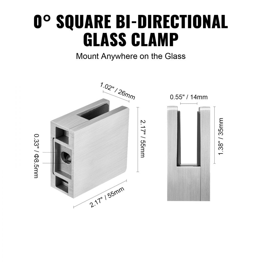 VEVOR Glass Clamp, 4 PCS Square Glass Railing Bracket for 0.31 "-0.47 " Tempered Glass, 304 Stainless Steel Glass Mounting Clamp, Glass Shelf Bracket for Balcony, Garden, Pool, Stair, Silver