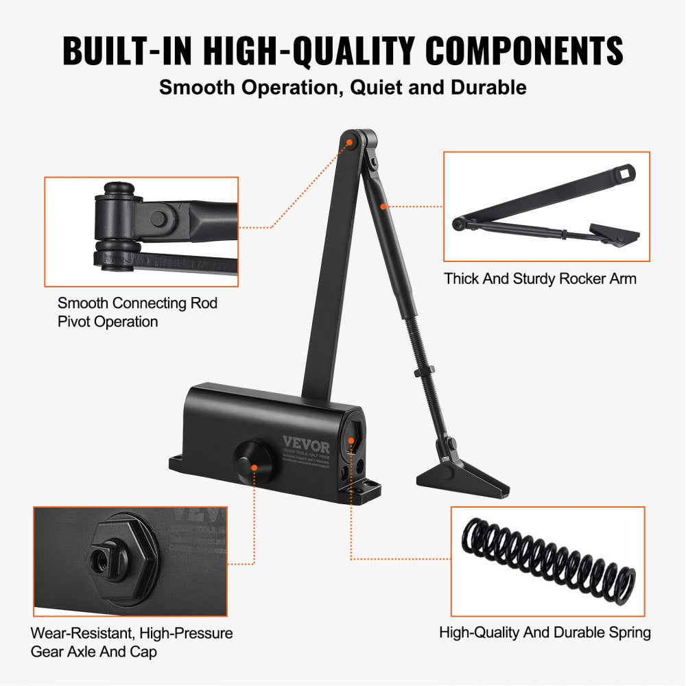 VEVOR Door Closer, Automatic Door Closer Commercial or Residential Use for Door Weights 100 Lbs, Adjustable Size Hydraulic Buffer Door Closers Heavy Duty Cast Aluminum Body, Easy Install, Black