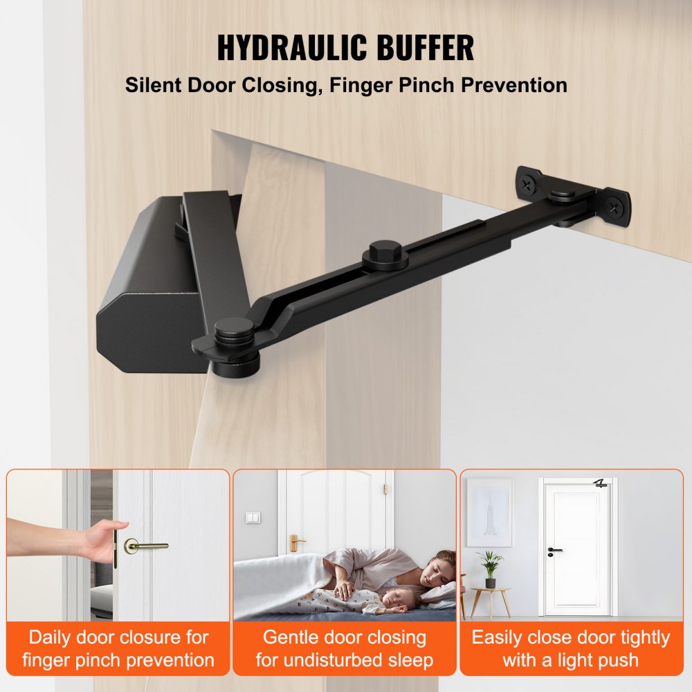 VEVOR Door Closer, Automatic Door Closer Commercial or Residential Use for Door Weights 150 Lbs, Adjustable Size Hydraulic Buffer Door Closers Heavy Duty Cast Aluminum Body, Easy Install, Black