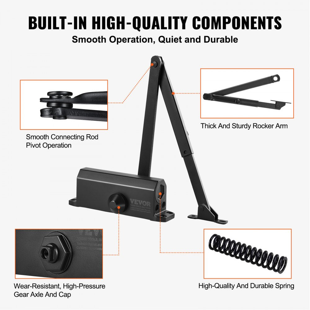 VEVOR Door Closer, Automatic Door Closer Commercial or Residential Use for Door Weights 150 Lbs, Adjustable Size Hydraulic Buffer Door Closers Heavy Duty Cast Aluminum Body, Easy Install, Black