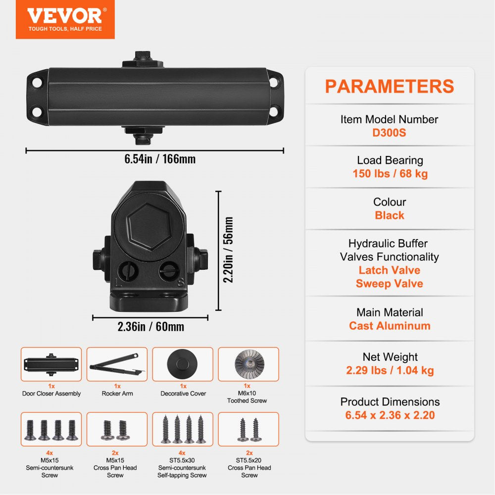 VEVOR Door Closer, Automatic Door Closer Commercial or Residential Use for Door Weights 150 Lbs, Adjustable Size Hydraulic Buffer Door Closers Heavy Duty Cast Aluminum Body, Easy Install, Black