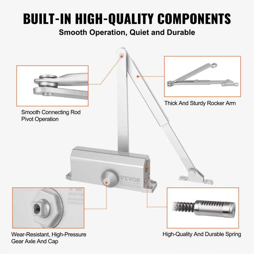 VEVOR Door Closer, Automatic Door Closer Commercial or Residential Use for Door Weights 150 Lbs, Adjustable Size Hydraulic Buffer Door Closers Heavy Duty Cast Aluminum Body, Easy Install, Silver