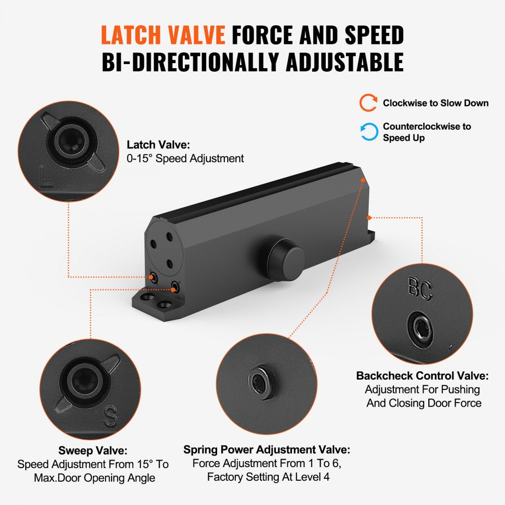 VEVOR Door Closer, Automatic Door Closer Commercial or Residential Use for Door Weights 330 Lbs, Adjustable Size Hydraulic Buffer Door Closers Heavy Duty Cast Aluminum Body, Easy Install, Black