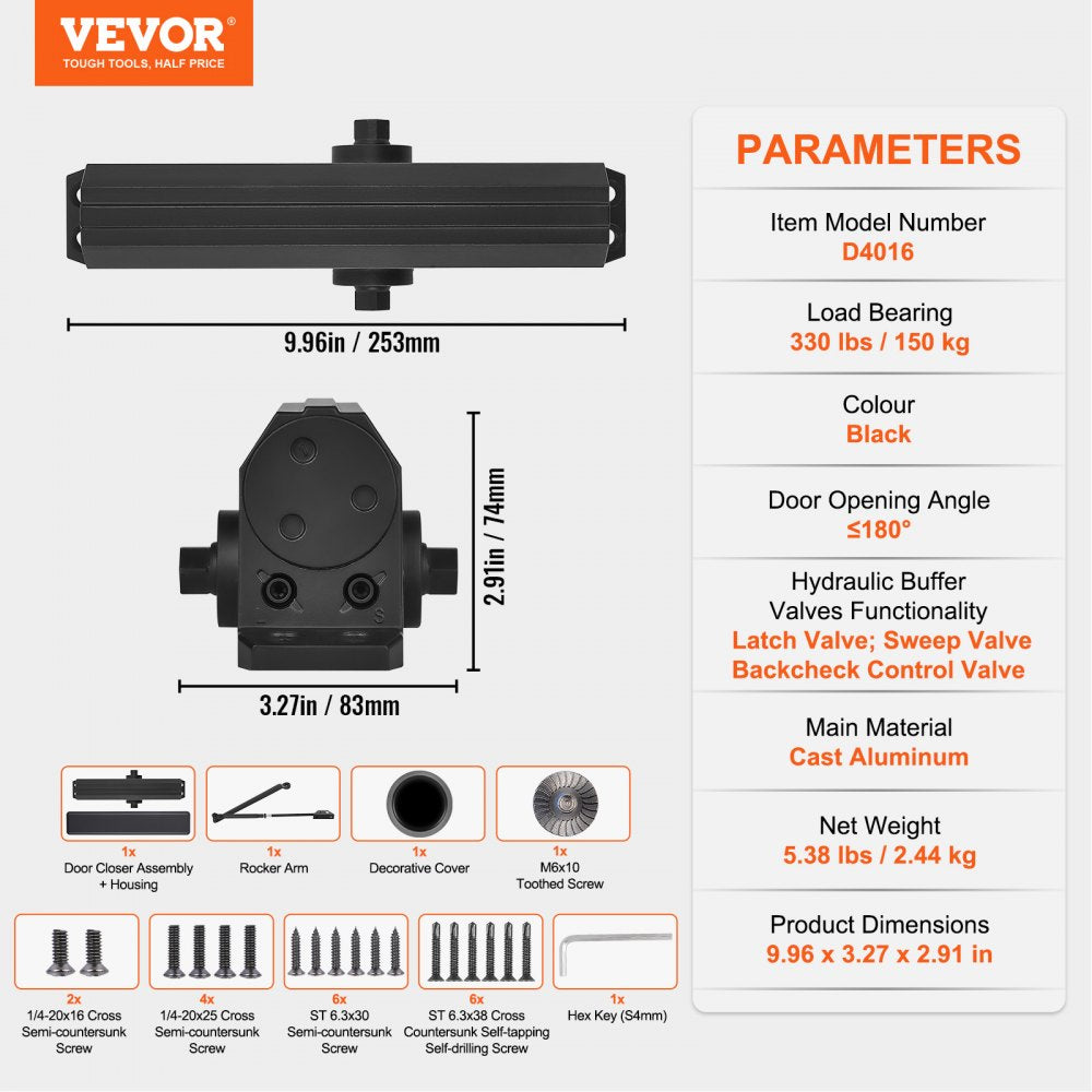 VEVOR Door Closer, Automatic Door Closer Commercial or Residential Use for Door Weights 330 Lbs, Adjustable Size Hydraulic Buffer Door Closers Heavy Duty Cast Aluminum Body, Easy Install, Black
