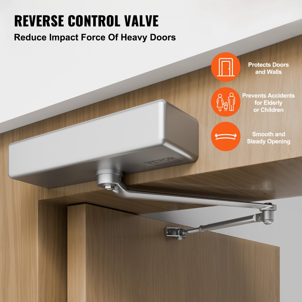 VEVOR Door Closer, Automatic Door Closer Commercial or Residential Use for Door Weights 330Lbs, Adjustable Size Hydraulic Buffer Door Closers Heavy Duty Cast Aluminum Body, Easy Install, Silver