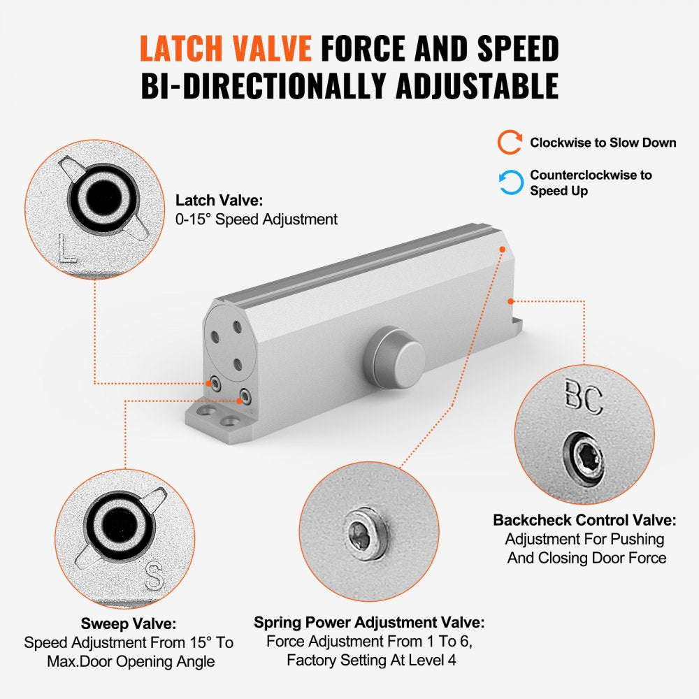 VEVOR Door Closer, Automatic Door Closer Commercial or Residential Use for Door Weights 330Lbs, Adjustable Size Hydraulic Buffer Door Closers Heavy Duty Cast Aluminum Body, Easy Install, Silver