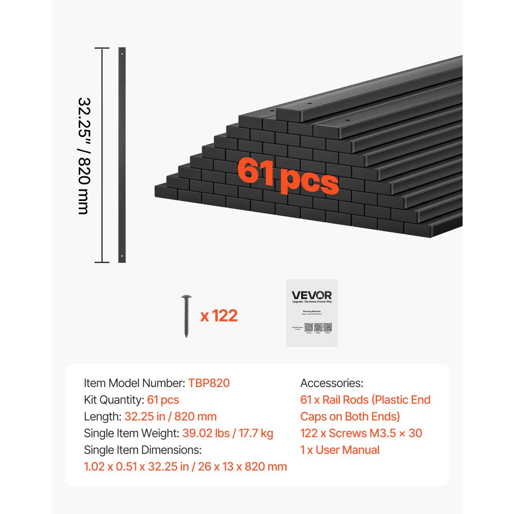 VEVOR 61 Pack Deck Balusters, 32.28 in Galvanized Steel Railing Spindles, Hollow Rectangle Metal Decking Stair Balusters with Pre-Drilled Hole, End Caps, Screws, for Deck, Porch & Stair Railing, Black
