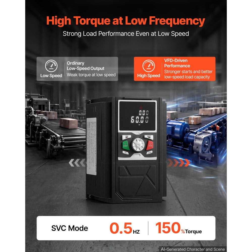 VEVOR 3HP 2.2KW 5.8A Variable Frequency Drive, 3-Phase AC480V Input/Output, 3 Phase to 3 Phase, 0–500Hz Output VFD, V/F SVC Control Modes for Precision Motor Speed Control