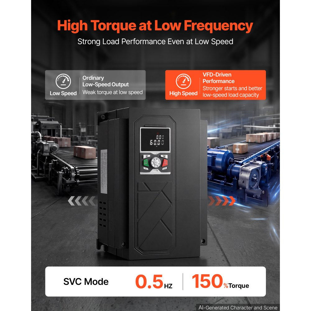 VEVOR 40HP 30KW 62A Variable Frequency Drive, 3-Phase AC480V Input/Output, 3 Phase to 3 Phase, 0–500Hz Output VFD, V/F SVC Control Modes for Precision Motor Speed Control