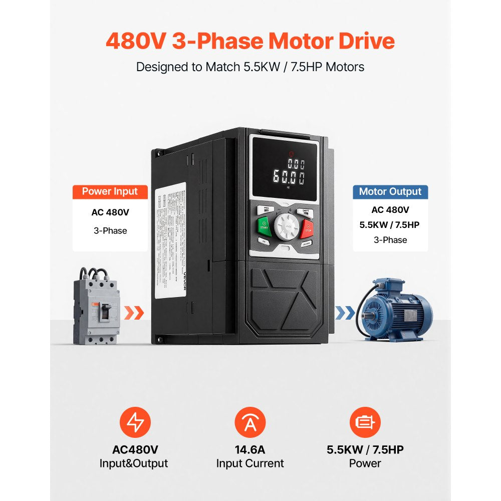 VEVOR 7.5HP 5.5KW 14.6A Variable Frequency Drive, 3-Phase AC480V Input/Output, 3 Phase to 3 Phase, 0–500Hz Output VFD, V/F SVC Control Modes for Precision Motor Speed Control