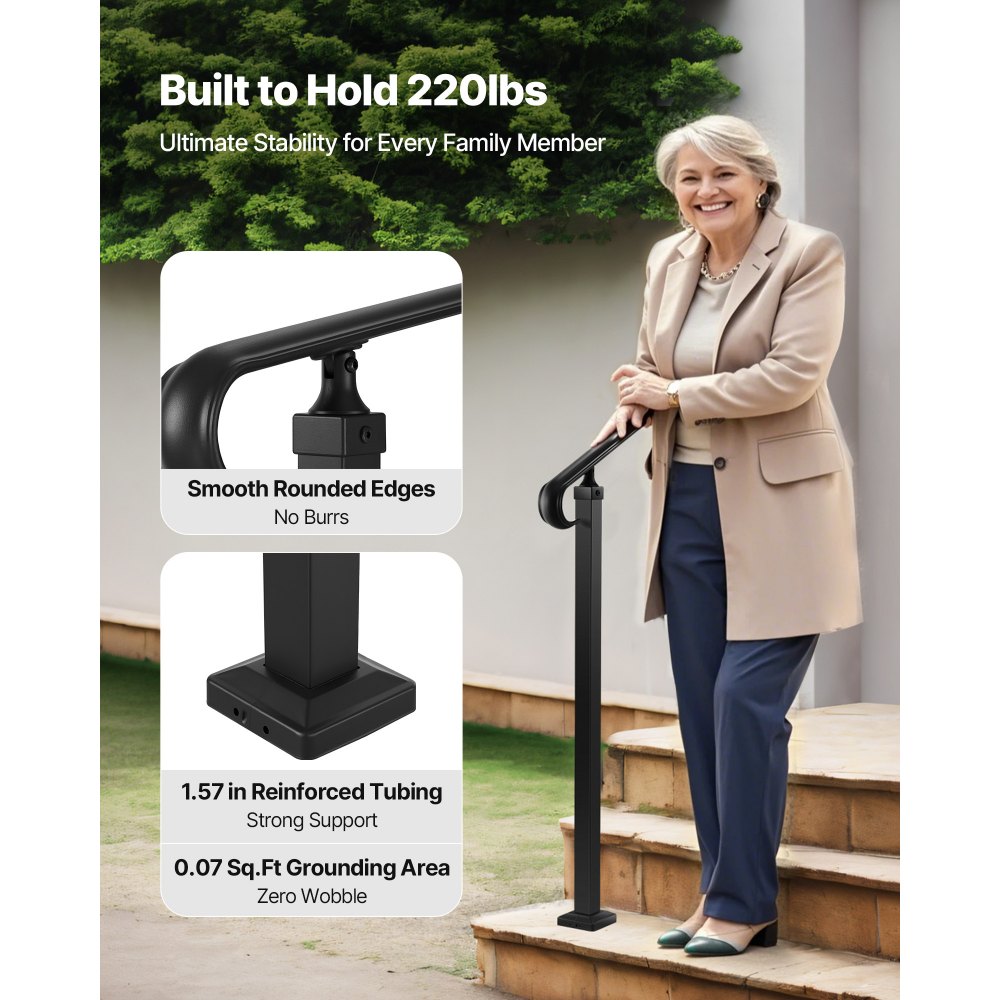 VEVOR Handrails for Outdoor Steps, 2-3 Step Adjustable Height, Carbon Steel Transitional Handrail with Installation Kit, Exterior Hand Railing for Steps, Concrete or Wooden Stairs, Porch, Matte Black