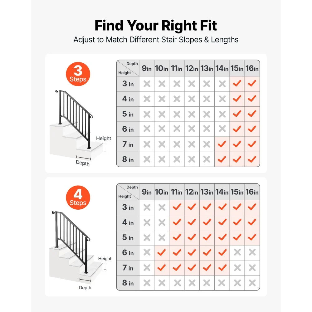 VEVOR Handrails for Outdoor Steps, 3-4 Step 2 Pack Stair Hand Rail Kit, Black Retro Arch Stair Rails for Seniors, Concrete Steps & Porch & Deck, Heavy-Duty Steel Railings with Installation Kit