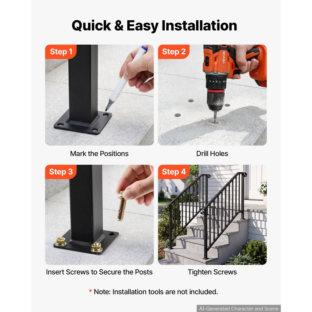 VEVOR Handrails for Outdoor Steps, 3-4 Step 2 Pack Stair Hand Rail Kit, Black Retro Arch Stair Rails for Seniors, Concrete Steps & Porch & Deck, Heavy-Duty Steel Railings with Installation Kit
