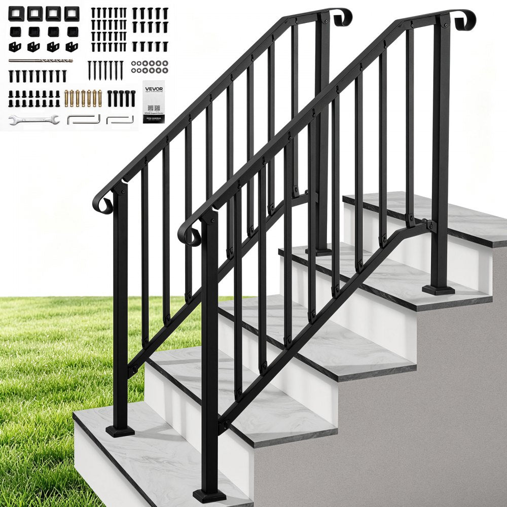 VEVOR Handrails for Outdoor Steps, 3-4 Step 2 Pack Stair Hand Rail Kit, Black Retro Arch Stair Rails for Seniors, Concrete Steps & Porch & Deck, Heavy-Duty Steel Railings with Installation Kit