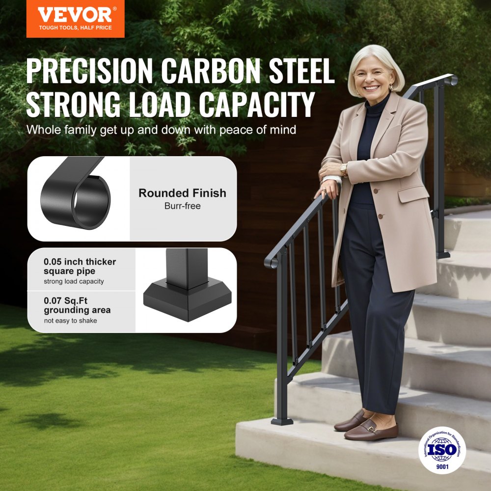 VEVOR Handrails for Outdoor Steps, 5 Step Stair Hand Rail Kit, Transitional Carbon Steel Railings with Installation Kit, Stair Rails for Seniors, Concrete Steps & Porch & Deck, Black Retro Arch