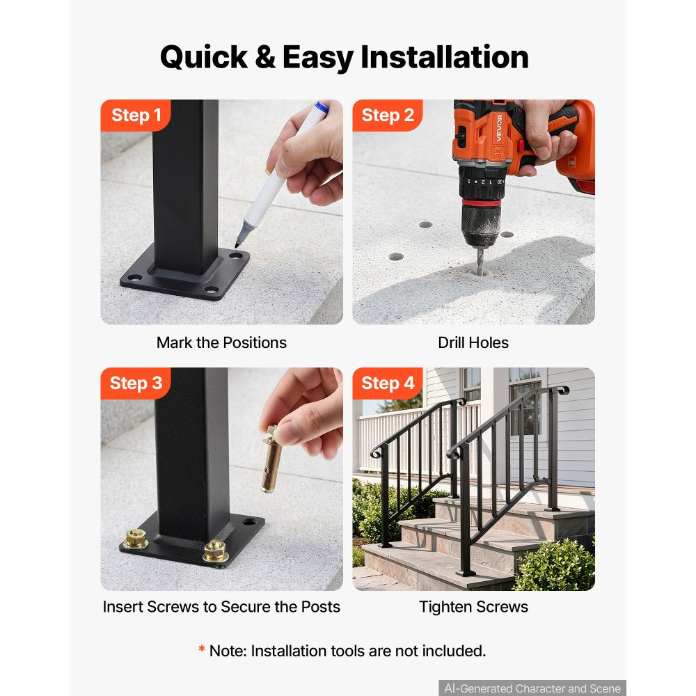 VEVOR Handrails for Outdoor Steps, 2-3 Step 2 Pack Stair Hand Rail Kit, Black Retro Arch Stair Rails for Seniors, Concrete Steps & Porch & Deck, Heavy-Duty Steel Railings with Installation Kit