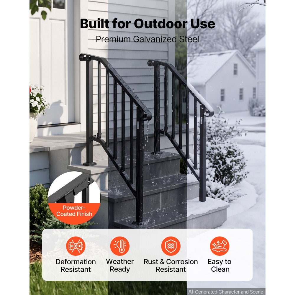 VEVOR Handrails for Outdoor Steps, 2-3 Step 2 Pack Stair Hand Rail Kit, Black Retro Arch Stair Rails for Seniors, Concrete Steps & Porch & Deck, Heavy-Duty Steel Railings with Installation Kit