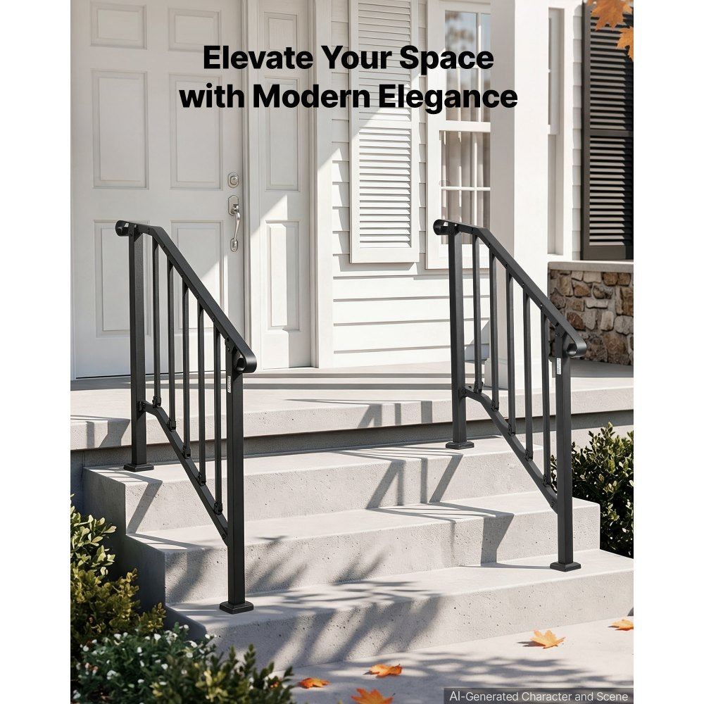 VEVOR Handrails for Outdoor Steps, 2-3 Step 2 Pack Stair Hand Rail Kit, Black Retro Arch Stair Rails for Seniors, Concrete Steps & Porch & Deck, Heavy-Duty Steel Railings with Installation Kit