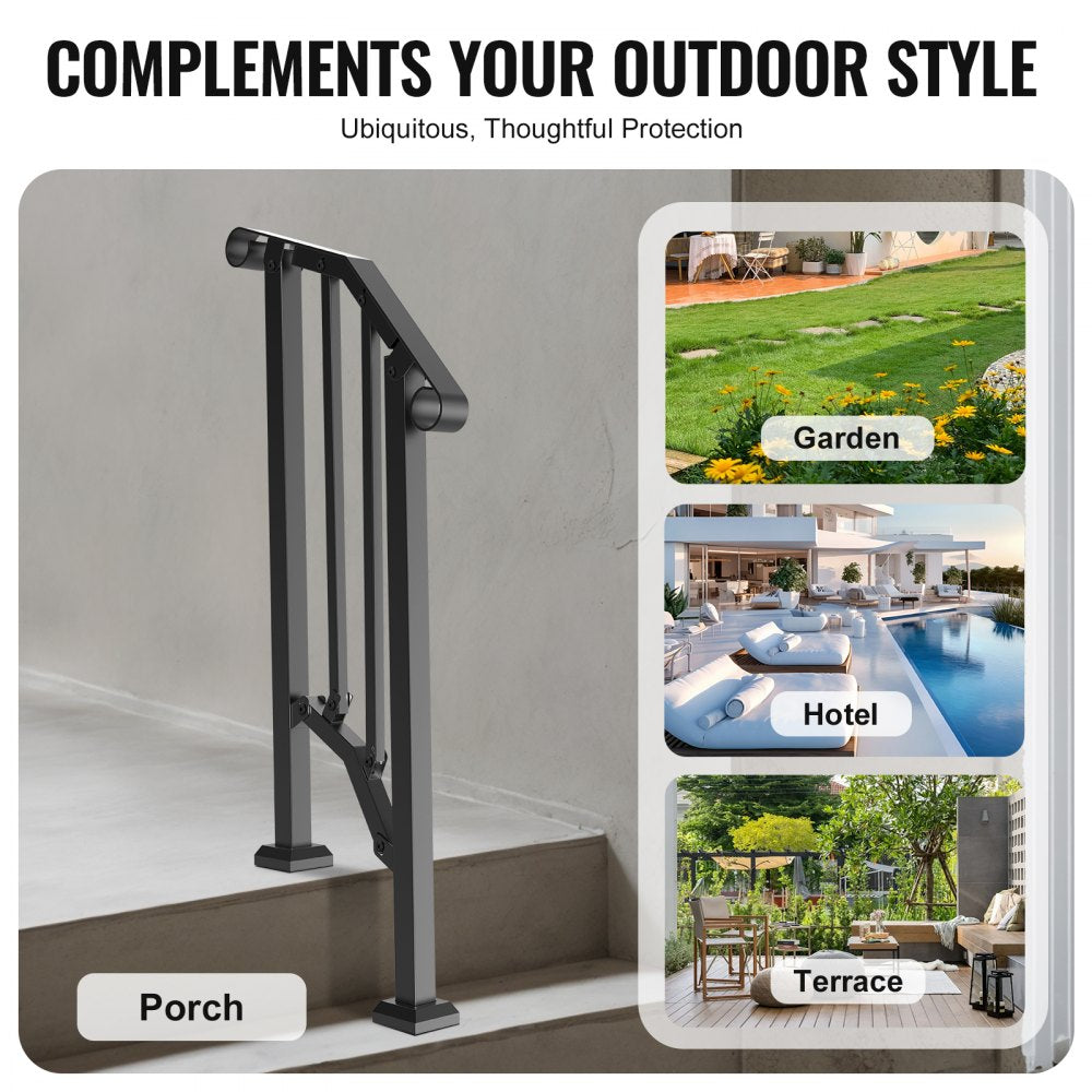 VEVOR Handrails for Outdoor Steps, 1-2 Step Stair Hand Rail Kit, Transitional Carbon Steel Railings with Installation Kit, Stair Rails for Seniors, Concrete Steps & Porch & Deck, Black Retro Arch