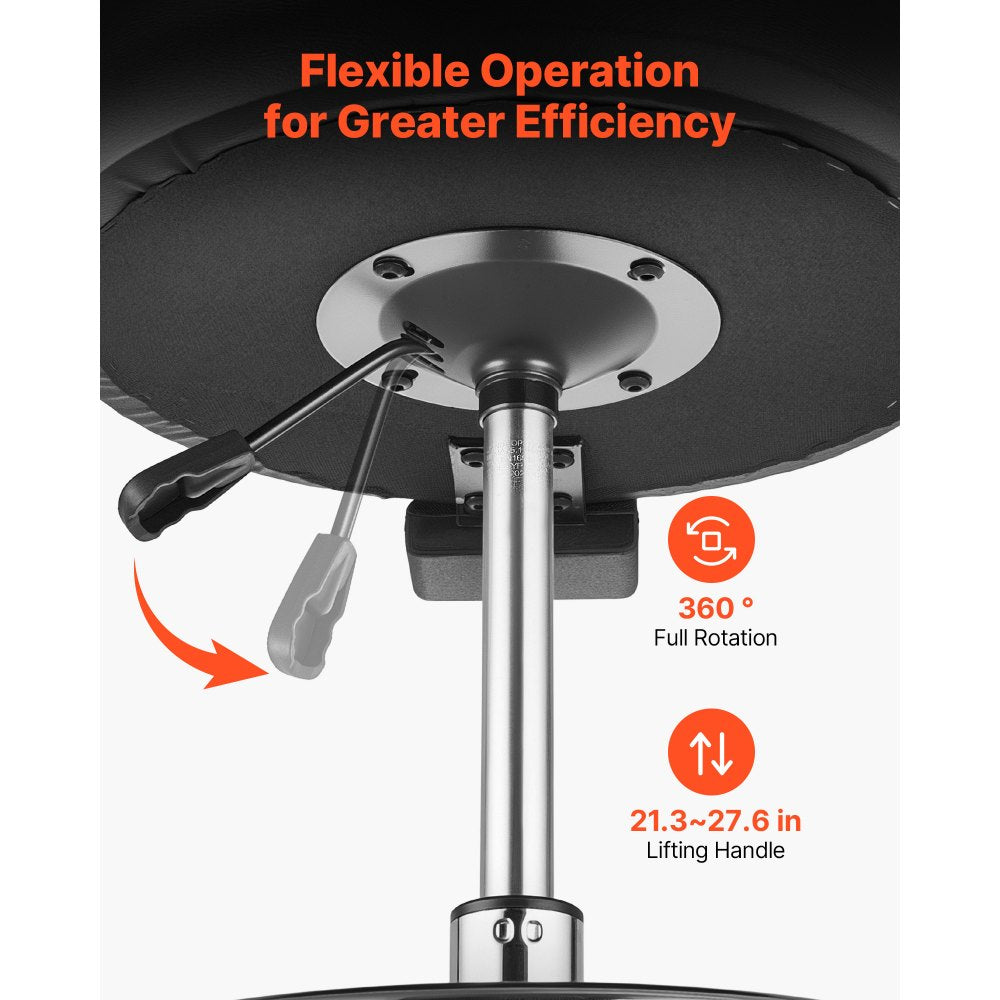 VEVOR Rolling Stool with Back Support, 500 lbs Weight Capacity, Height Adjustable, Thick Cushion Ergonomic PU Leather Seat, 360° Swivel Round Rolling Stool Chair for Dental, Salon, Clinic, Black