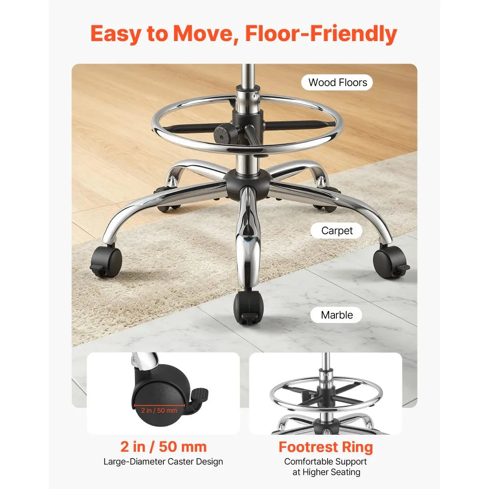 VEVOR Rolling Stool with Back Support, 500 lbs Weight Capacity, Height Adjustable, Thick Cushion Ergonomic PU Leather Seat, 360° Swivel Round Rolling Stool Chair for Dental, Salon, Clinic, Black