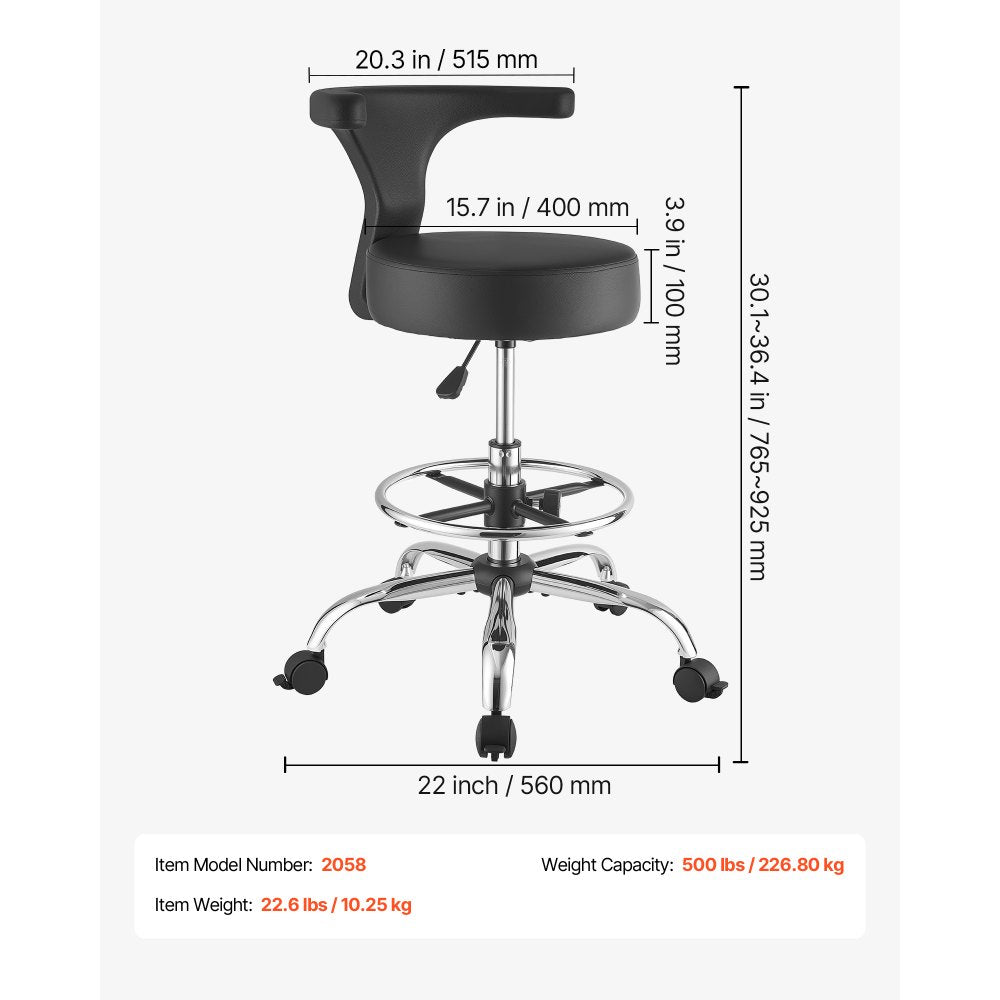 VEVOR Rolling Stool with Back Support, 500 lbs Weight Capacity, Height Adjustable, Thick Cushion Ergonomic PU Leather Seat, 360° Swivel Round Rolling Stool Chair for Dental, Salon, Clinic, Black
